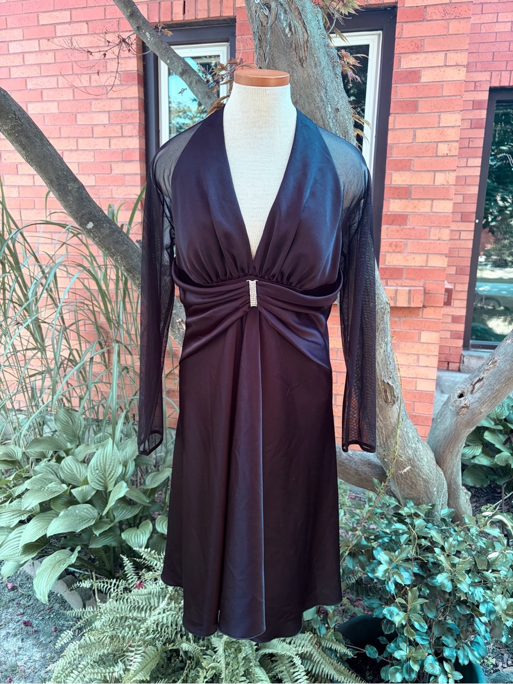 Black Satin Deep-V Evening Dress with Sheer Sleeves